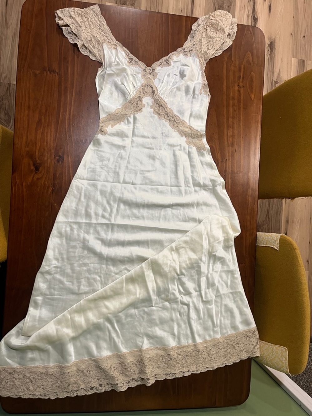 Vintage Lace-Trim Satiny Slip Dress in Cream and Taupe